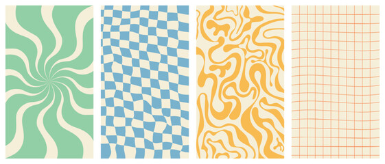 Wall Mural - Groovy hippie 70s vector backgrounds set. Chessboard and twisted patterns. Backgrounds in trendy retro trippy style. Twisted and distorted vector texture in trendy retro psychedelic style