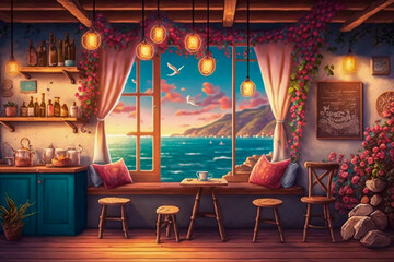 Beautiful view, cafe on the beach in the evening. Super photo realistic background. Generative ai illustration