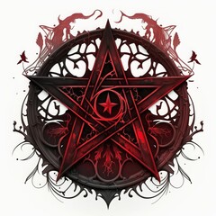 Illustration of a gothic pentagram, black and dark red pallet, gothic deep colours, white background