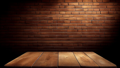 Empty wood table top with old brick wall background.