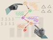 Symbolic concept of marketing funnel or customer journey map with hands and scheme.