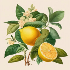 Lemon or citrus limon plant with fruits and flowers as in the vintage botanical illustration, victorian still life on creamy paper  background made with generative AI