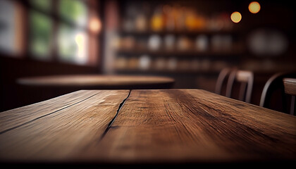 Empty wood table top with blurred bokeh cafe background. Blurred coffee shop interior background.