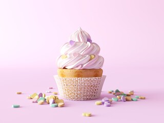 Wall Mural - Valentine 3d cupcake decorated with marshmallow candies hearts in pastel colors. White whipped cream muffin in paper cup, isolated on pastel pink background. 3d render illustration.