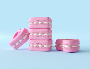 Wall Mural - Tasty heart-shaped macaroons stack on the table, love macaroon with white cream. Flat pastel blue background. Small pink heart shape crunchy cakes. 3d render illustration.