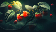 Branch Of Ripe Raspberries In A Garden On Blurred Green Background