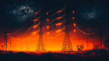 Electricity Transmission Towers With Orange Glowing Wires The Starry Night Sky. Energy Infrastructure Concept