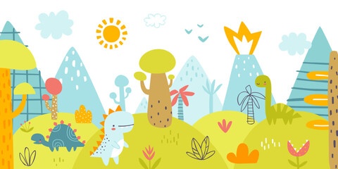 Wall Mural - Cute jurassic landscape with funny dino. Scandinavian print with prehistorical valley for baby wall art.