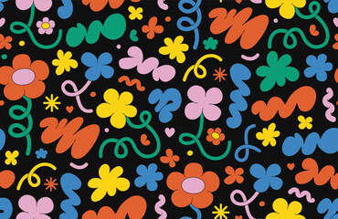 abstract cloud and flower shapes seamless pattern. groovy funky flower, bubble, star, loop, waves in