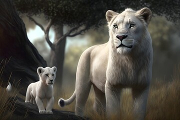 Wall Mural - Wallpaper Illustration and background of a lion family together, in a natural habitat, realistic illustration. Front view. Concept of animal, wild world. Generative AI