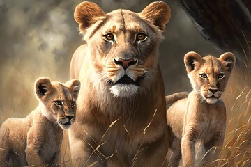 Wall Mural - Wallpaper Illustration and background of a lion family together, in a natural habitat, realistic illustration. Front view. Concept of animal, wild world. Generative AI