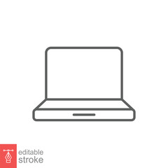 Poster - Laptop line icon. Linear symbol with thin outline. Notebook, computer, pc, desktop, portable device concept. Vector illustration isolated on white background. Editable stroke EPS 10.