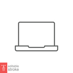 Poster - Laptop line icon. Linear symbol with thin outline. Notebook, computer, pc, desktop, portable device concept. Vector illustration isolated on white background. Editable stroke EPS 10.