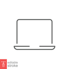 Poster - Laptop line icon. Linear symbol with thin outline. Notebook, computer, pc, desktop, portable device concept. Vector illustration isolated on white background. Editable stroke EPS 10.