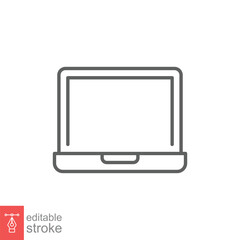 Poster - Laptop line icon. Linear symbol with thin outline. Notebook, computer, pc, desktop, portable device concept. Vector illustration isolated on white background. Editable stroke EPS 10.