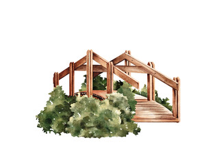 Timber bridge and green bushes watercolor illustration