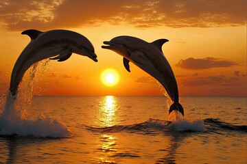 two dolphin at sunset, generative AI