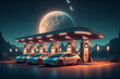 Electric car charging stations at night. AI generativ.