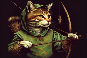 Robin Hood Archer Cat Illustration. Generative AI