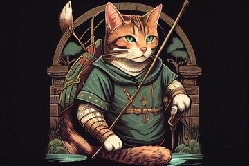 Robin Hood Archer Cat Illustration. Generative AI