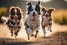 Happy Dogs Are Running Towards Camera In Outdoor Activity . Sublime Generative AI Image .