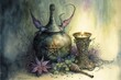 Wiccan magic, wicca magic books and witchcraft staff still life. Witch cauldron, witchcraft magic. AI generative