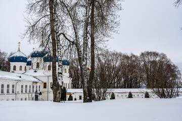 Wall Mural - ancient buildings and churches of the monastery built according to ancient technologies in the vicinity of Veliky Novgorod in winter