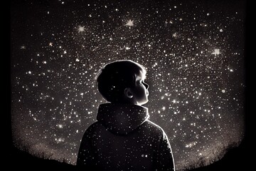 A Boy Looking At Night Starry Sky With Glitter Glow Galaxy Flicker Above, Idea For Prayer Of Hope, Love, Peace Theme. Generative AI