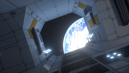Wall Mural - spaceship corridor. flying in a spaceship tunnel, a sci-fi shuttle corridor. 3d illustration
