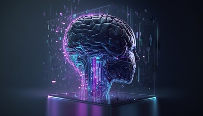 Poster - Generative AI illustration of a human brain in digital hologram. Artificial intelligence concept
