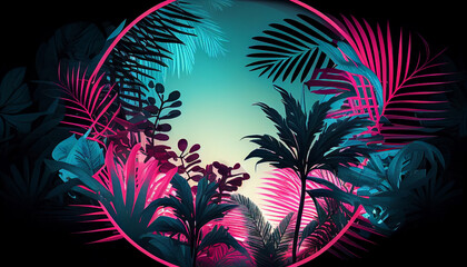 retro 80s neon pink and teal circular illustration of tropical palm and monstera leaves. created wit