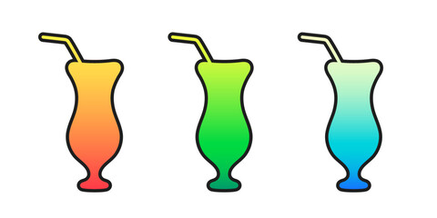 Wall Mural - alcohol cocktails vector flat illustration. bright gradient hurricane glasses with black outline.