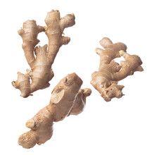 Ginger Fall Fly In Mid Air, Fresh Vegetable Spice Ginger Falling. Organic Fresh Herbal Ginger Root Head Full Length, Close Up Texture. White Background Isolated Freeze Motion High Speed Shutter