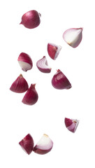 Wall Mural - Shallots fall fly in mid air, red fresh vegetable spice shallots onion floating. Organic fresh herbal shallots root head cut chop slice. White background isolated freeze motion high speed shutter