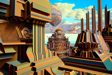 Wall Mural - Beautiful abstract surreal geometric Babylon concept background. Generative AI technology.