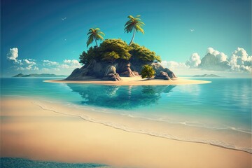 Wall Mural - Sandy tropical beach with small island on the background. Generative AI illustration.