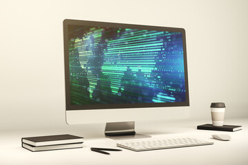 Poster - Computer monitor with abstract creative digital world map, globalization concept. 3D Rendering