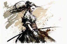 Abstract Japanese Warrior Gauche Painting - High Resolution Wallpaper / Poster / Wall Art / Background - Horizontal Generative Ai Illustration 