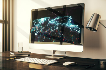 Poster - Abstract creative world map on modern laptop screen, international trading concept. 3D Rendering