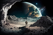 Panorama Moon Landscape Panoorama With Small Astronaut. Ai
