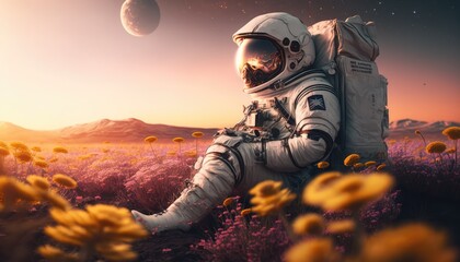 Canvas Print - Astronaut sitting in a flower fiels on another planet, made with generated ai