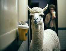 White Llama Looking At Camera With A Cup Of Coffee And A Strange Guy Blurred Behind. Generative Ai