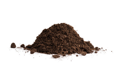 Mound of soil isolated on white background. Pile of light-weight and nutrient potting mix substrate for success plants growing