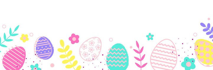 Wall Mural - Pastel Easter eggs and flowers on transparent background. Minimal design. Banner. PNG illustration