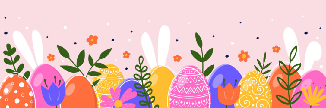 easter banner with hand drawn eggs, bunnies and flowers. concept of easter decoration. vector illust