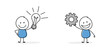 Collection of a funny stickman holding lightbulb and gear wheel sign. Hand drawn icons for a business presentation. Vector illustration