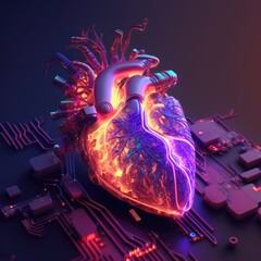 Wall Mural - High-tech human heart shaped circuit board. Generative AI