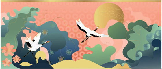 Wall Mural - Vector poster with a Japanese theme. Line art style. Abstract art background vector. Japanese cranes.