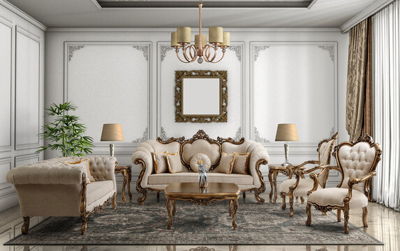 3D rendering of classic living room interior. classic furniture set