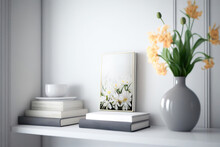 Books Next To A Vase With Flowers. Generative AI